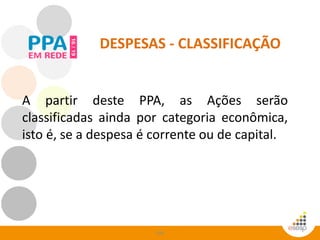 109
DESPESAS - CLASSIFICAÇÃO
A partir deste PPA, as Ações serão
classificadas ainda por categoria econômica,
isto é, se a despesa é corrente ou de capital.
 