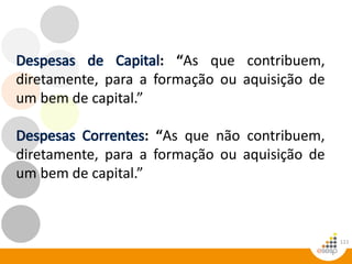111
: “As que contribuem,
diretamente, para a formação ou aquisição de
um bem de capital.”
: “As que não contribuem,
diretamente, para a formação ou aquisição de
um bem de capital.”
 