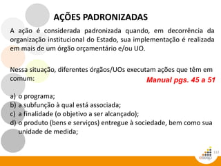 112
AÇÕES PADRONIZADAS
A ação é considerada padronizada quando, em decorrência da
organização institucional do Estado, sua implementação é realizada
em mais de um órgão orçamentário e/ou UO.
Manual pgs. 45 a 51
Nessa situação, diferentes órgãos/UOs executam ações que têm em
comum:
a) o programa;
b) a subfunção à qual está associada;
c) a finalidade (o objetivo a ser alcançado);
d) o produto (bens e serviços) entregue à sociedade, bem como sua
unidade de medida;
 