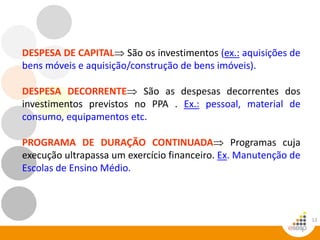 12
DESPESA DE CAPITAL São os investimentos (ex.: aquisições de
bens móveis e aquisição/construção de bens imóveis).
DESPESA DECORRENTE São as despesas decorrentes dos
investimentos previstos no PPA . Ex.: pessoal, material de
consumo, equipamentos etc.
PROGRAMA DE DURAÇÃO CONTINUADA Programas cuja
execução ultrapassa um exercício financeiro. Ex. Manutenção de
Escolas de Ensino Médio.
 