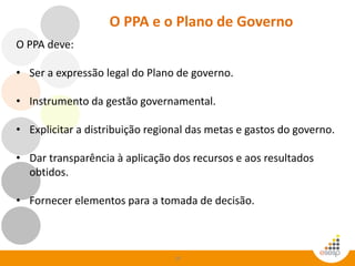 19
O PPA e o Plano de Governo
O PPA deve:
• Ser a expressão legal do Plano de governo.
• Instrumento da gestão governamental.
• Explicitar a distribuição regional das metas e gastos do governo.
• Dar transparência à aplicação dos recursos e aos resultados
obtidos.
• Fornecer elementos para a tomada de decisão.
 