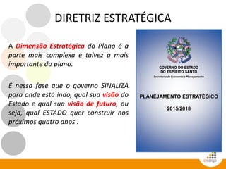 DIRETRIZ ESTRATÉGICA
A Dimensão Estratégica do Plano é a
parte mais complexa e talvez a mais
importante do plano.
É nessa fase que o governo SINALIZA
para onde está indo, qual sua visão do
Estado e qual sua visão de futuro, ou
seja, qual ESTADO quer construir nos
próximos quatro anos .
PLANEJAMENTO ESTRATÉGICO
2015/2018
 
