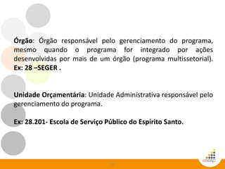 50
Órgão: Órgão responsável pelo gerenciamento do programa,
mesmo quando o programa for integrado por ações
desenvolvidas por mais de um órgão (programa multissetorial).
Ex: 28 –SEGER .
Unidade Orçamentária: Unidade Administrativa responsável pelo
gerenciamento do programa.
Ex: 28.201- Escola de Serviço Público do Espírito Santo.
 