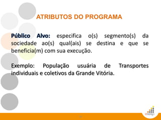56
especifica o(s) segmento(s) da
sociedade ao(s) qual(ais) se destina e que se
beneficia(m) com sua execução.
Exemplo: População usuária de Transportes
individuais e coletivos da Grande Vitória.
ATRIBUTOS DO PROGRAMA
 