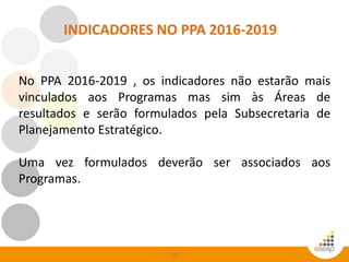 60
INDICADORES NO PPA 2016-2019
No PPA 2016-2019 , os indicadores não estarão mais
vinculados aos Programas mas sim às Áreas de
resultados e serão formulados pela Subsecretaria de
Planejamento Estratégico.
Uma vez formulados deverão ser associados aos
Programas.
 