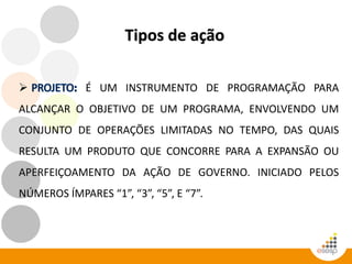 Tipos de ação
 É UM INSTRUMENTO DE PROGRAMAÇÃO PARA
ALCANÇAR O OBJETIVO DE UM PROGRAMA, ENVOLVENDO UM
CONJUNTO DE OPERAÇÕES LIMITADAS NO TEMPO, DAS QUAIS
RESULTA UM PRODUTO QUE CONCORRE PARA A EXPANSÃO OU
APERFEIÇOAMENTO DA AÇÃO DE GOVERNO. INICIADO PELOS
NÚMEROS ÍMPARES “1”, “3”, “5”, E “7”.
 