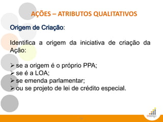 74
AÇÕES – ATRIBUTOS QUALITATIVOS
:
Identifica a origem da iniciativa de criação da
Ação:
 se a origem é o próprio PPA;
 se é a LOA;
 se emenda parlamentar;
 ou se projeto de lei de crédito especial.
 