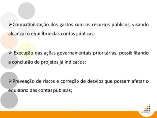 8
Compatibilização dos gastos com os recursos públicos, visando
alcançar o equilíbrio das contas públicas;
 Execução das ações governamentais prioritárias, possibilitando
a conclusão de projetos já indicados;
Prevenção de riscos e correção de desvios que possam afetar o
equilíbrio das contas públicas;
 