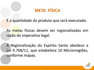 93
META FÍSICA
É a quantidade do produto que será executado.
As metas físicas devem ser regionalizadas em
razão do imperativo legal.
A Regionalização do Espírito Santo obedece a
Lei 9.768/11, que estabelece 10 Microrregiões,
conforme mapas.
 
