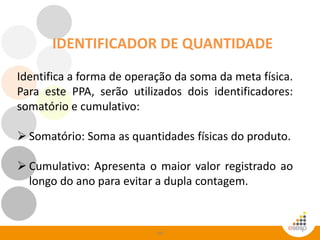 96
IDENTIFICADOR DE QUANTIDADE
Identifica a forma de operação da soma da meta física.
Para este PPA, serão utilizados dois identificadores:
somatório e cumulativo:
 Somatório: Soma as quantidades físicas do produto.
 Cumulativo: Apresenta o maior valor registrado ao
longo do ano para evitar a dupla contagem.
 