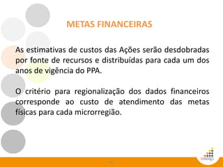 99
METAS FINANCEIRAS
As estimativas de custos das Ações serão desdobradas
por fonte de recursos e distribuídas para cada um dos
anos de vigência do PPA.
O critério para regionalização dos dados financeiros
corresponde ao custo de atendimento das metas
físicas para cada microrregião.
 
