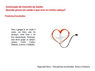 Produtos/resultados
Segunda-feira – Disciplinas envolvidas: Artes e História
Construção do Conceito de Saúde:
Quando penso em saúde o que vem na minha cabeça?
 