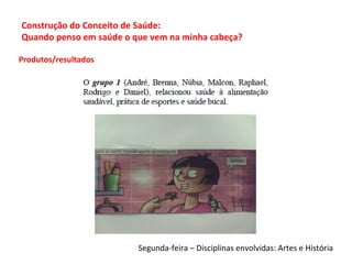 Produtos/resultados
Segunda-feira – Disciplinas envolvidas: Artes e História
Construção do Conceito de Saúde:
Quando penso em saúde o que vem na minha cabeça?
 