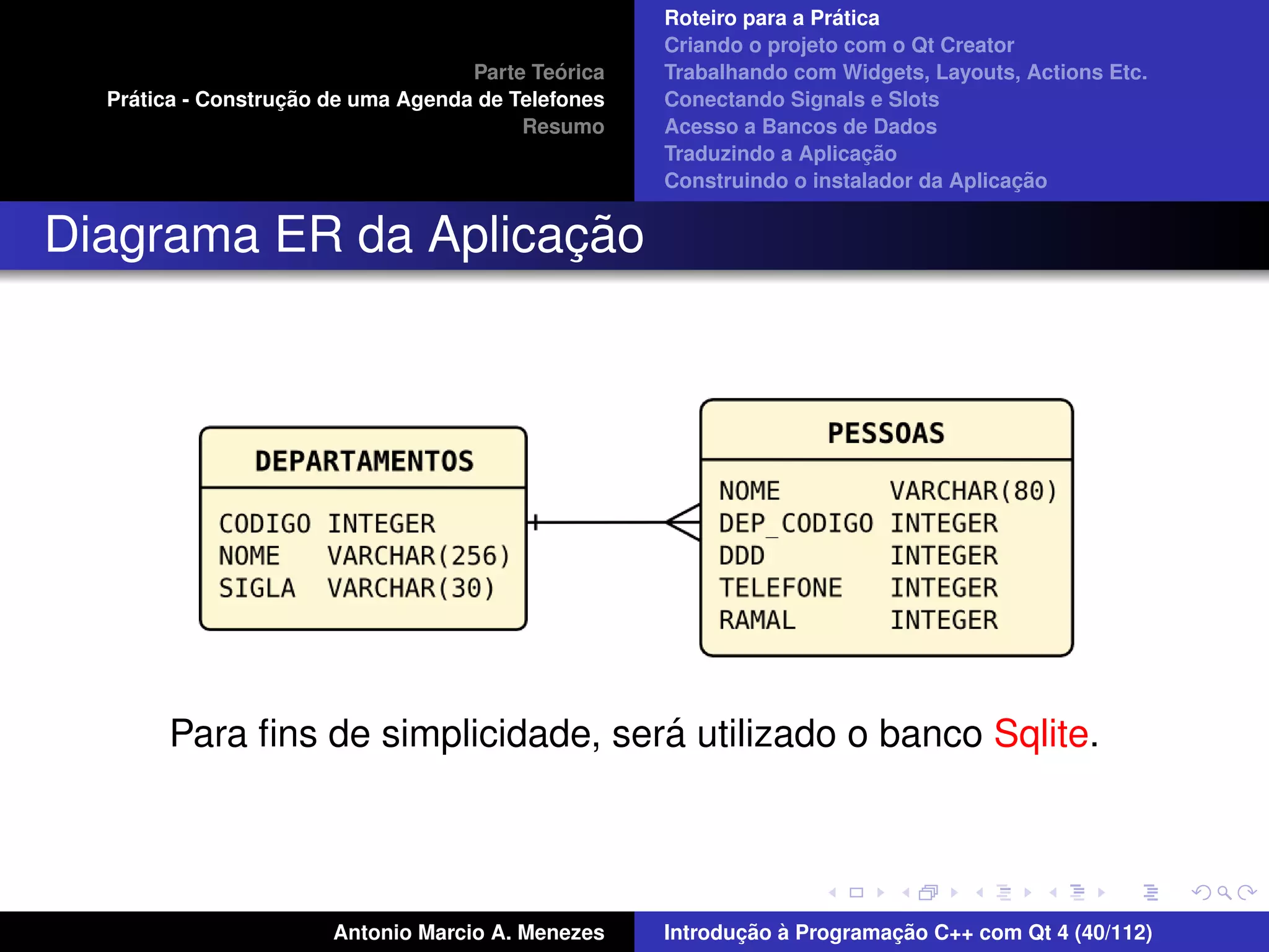 ´
                                                    Roteiro para a Pratica
                                                    Criando o projeto com o Qt Creator
                                             ´
                                    Parte Teorica   Trabalhando com Widgets, Layouts, Actions Etc.
    ´              ¸˜
  Pratica - Construcao de uma Agenda de Telefones   Conectando Signals e Slots
                                         Resumo     Acesso a Bancos de Dados
                                                                         ¸˜
                                                    Traduzindo a Aplicacao
                                                                                      ¸˜
                                                    Construindo o instalador da Aplicacao


                     ¸˜
Diagrama ER da Aplicacao




                                    ´
       Para ﬁns de simplicidade, sera utilizado o banco Sqlite.




                       Antonio Marcio A. Menezes           ¸˜ `          ¸˜
                                                    Introducao a Programacao C++ com Qt 4 (40/112)
 