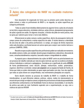 Capítulo III 
Of icina de Qualificação do NASF 
Capítulo III 
3 Ações das categorias do NASF no cuidado materno-infantil2 
Este documento foi organizado de forma que na primeira parte estão descritas as 
ações comuns a todos os profissionais do NASF e, na segunda, as ações específicas por 
categoria profissional. 
Todas as ações foram divididas didaticamente da seguinte forma: ações de articulação 
no território, espaço educativo, atividades coletivas, ações clínicas, planejamento/programação 
de ações e gestão em saúde. Em algumas situações, a divisão não pôde ser muito precisa, mas 
se optou por realizá-la para tornar o texto mais didático. 
Diferenciaram-se ações comuns e ações especificas, dentro do pressuposto teórico de 
campo comum de conhecimento e núcleo específico de saber. O núcleo demarca a identidade 
de uma área de saber e de prática profissional; e o campo, um espaço de limites imprecisos 
onde cada disciplina e profissão buscam em outras apoio para cumprir suas tarefas teóricas e 
práticas (CAMPOS, 2000). 
Ressalta-se que as ações específicas dos profissionais podem ser realizadas em momentos 
de cuidado comuns a todos, por exemplo: durante grupos terapêuticos e educativos, discussão de 
casos, consultas/atendimentos conjuntos, buscando sempre a integralidade do cuidado. 
A proposta para o desenvolvimento das ações do NASF centra-se prioritariamente em 
um processo de trabalho realizado por meio do apoio matricial, que tem na essência atividades 
clínicas (individuais e coletivas) e pedagógicas. Considerou-se o significado do verbo APOIAR 
de forma pluridimensional, como: discutir, planejar, realizar/fazer, avaliar, potencializar, 
organizar, identificar e estimular; sempre em conjunto com as equipes de Saúde da Família, de 
forma que todas as ações relacionadas ao apoio sejam pactuadas com elas. Isso não significa 
que todas as ações devem ser compartilhadas, mas minimamente planejadas em conjunto. 
Outro desafio inerente ao processo de trabalho do NASF é o trabalho de forma 
interdisciplinar, no qual diferentes saberes, práticas, valores, modos de relacionamento se 
encontram para atingir um objetivo comum; exigindo dos profissionais atitudes de permeabilidade 
aos diferentes conhecimentos e de flexibilidade frente às diversas necessidades. É um desafio 
da prática que pode ser mais facilmente superado com a experimentação, ou seja, com a 
vivência da ação de APOIAR 
2 As ações foram escritas a partir do Caderno de Atenção Básica de Diretrizes do NASF/Ministério da Saúde, Secretaria de 
Atenção à Saúde, Departamento de Atenção Básica – Brasília: Ministério da Saúde, 2009. 31 
 