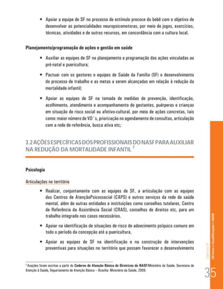 Capítulo III 
Of icina de Qualificação do NASF 
• Apoiar a equipe de SF no processo de estímulo precoce do bebê com o objetivo de 
desenvolver as potencialidades neuropsicomotoras, por meio de jogos, exercícios, 
técnicas, atividades e de outros recursos, em concordância com a cultura local. 
Planejamento/programação de ações e gestão em saúde 
• Auxiliar as equipes de SF no planejamento e programação das ações vinculadas ao 
pré-natal e puericultura; 
• Pactuar com os gestores e equipes de Saúde da Família (SF) o desenvolvimento 
do processo de trabalho e as metas a serem alcançadas em relação à redução da 
mortalidade infantil; 
• Apoiar as equipes de SF na tomada de medidas de prevenção, identificação, 
acolhimento, atendimento e acompanhamento de gestantes, puérperas e crianças 
em situação de risco social ou afetivo-cultural, por meio de ações concretas, tais 
como: maior número de VD´s, priorização no agendamento de consultas, articulação 
com a rede de referência, busca ativa etc; 
3.2 AÇÕES ESPECÍFICAS DOS PROFISSIONAIS DO NASF PARA AUXILIAR 
NA REDUÇÃO DA MORTALIDADE INFANTIL 3 
Psicologia 
Articulações no território 
• Realizar, conjuntamente com as equipes de SF, a articulação com as equipes 
dos Centros de AtençãoPsicossocial (CAPS) e outros serviços da rede de saúde 
mental, além de outras entidades e instituições como conselhos tutelares, Centro 
de Referência da Assistência Social (CRAS), conselhos de direitos etc, para um 
trabalho integrado nos casos necessários. 
• Apoiar na identificação de situações de risco de adoecimento psíquico comuns em 
todo o período da concepção até a puericultura, 
• Apoiar as equipes de SF na identificação e na construção de intervenções 
preventivas para situações no território que possam favorecer o desenvolvimento 
3 Asações foram escritas a partir do Caderno de Atenção Básica de Diretrizes do NASF/Ministério da Saúde, Secretaria de 
Atenção à Saúde, Departamento de Atenção Básica – Brasília: Ministério da Saúde, 2009. 35 
 