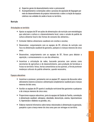 Capítulo III 
Of icina de Qualificação do NASF 
e) Aspectos gerais do desenvolvimento motor e psicossocial; 
f) Acompanhamento e orientações sobre o processo de aquisição de linguagem por 
meio do desenvolvimento de projetos intersetoriais e sobre a criação de espaços 
coletivos nas unidades de saúde e locais no território. 
Nutrição 
Articulações no território 
• Apoiar as equipes de SF em ações de alimentação e de nutrição com metodologias 
que valorizem a cultura e o desenvolvimento local, como o estudo do padrão de 
cultura alimentar local e das formas de consumo dos alimentos.; 
• Estimular hábitos alimentares saudáveis em creches e escolas; 
• Desenvolver, conjuntamente com as equipes de SF, oficinas de nutrição com 
foco na alimentação saudável da gestante, puérpera e crianças menores de cinco 
anos; 
• Desenvolver, conjuntamente com as equipes de SF, fóruns para debater a 
aquisição, o armazenamento e o uso dos alimentos; 
• Incentivar a articulação de redes, buscando parcerias com setores como 
secretarias de agricultura e de desenvolvimento, para produção de hortaliças e 
frutas no território: feiras, hortas comunitárias ou nos quintais, a fim de promover 
mudanças culturais do padrão alimentar, quando necessário; 
Espaços educativos 
• Incentivar e promover, juntamente com as equipes SF, espaços de discussão sobre 
aleitamento materno exclusivo e alimentação complementar saudável para crianças 
menores de dois anos; 
• Auxiliar as equipes de SF quanto à avaliação nutricional das gestantes e puérperas 
e de crianças menores de cinco anos; 
• Proporcionar espaços educativos, junto às equipes de Saúde da Família, comrelação 
à alimentação saudável, sobrepeso, obesidade, desnutrição, anemia, hipovitaminose 
A, hipertensão e diabetes na gravidez, etc.; 
• Elaborar material informativo sobre temas relacionados à alimentação na gestação, 
puerpério e para criança menor de cinco anos para ser entregue no território. 
41 
 