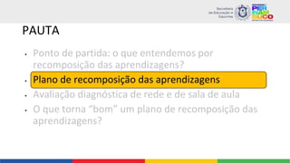 PAUTA
• Ponto de partida: o que entendemos por
recomposição das aprendizagens?
• Plano de recomposição das aprendizagens
• Avaliação diagnóstica de rede e de sala de aula
• O que torna “bom” um plano de recomposição das
aprendizagens?
 