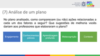 (7) Análise de um plano
No plano analisado, como comparecem (ou não) ações relacionadas a
cada um dos fatores a seguir? Que sugestões de melhoria vocês
dariam aos professores que elaboraram o plano?
Engajamento
Conhecimentos
prévios
Aprendizagem
profunda
Metacognição Contexto
 