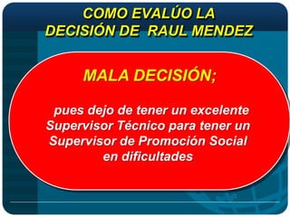 COMO EVALÚO LA
DECISIÓN DE RAUL MENDEZ


     MALA DECISIÓN;

 pues dejo de tener un excelente
Supervisor Técnico para tener un
Supervisor de Promoción Social
        en dificultades
 