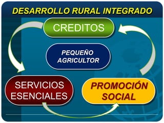 DESARROLLO RURAL INTEGRADO

       CREDITOS

         PEQUEÑO
        AGRICULTOR



 SERVICIOS     PROMOCIÓN
ESENCIALES       SOCIAL
 