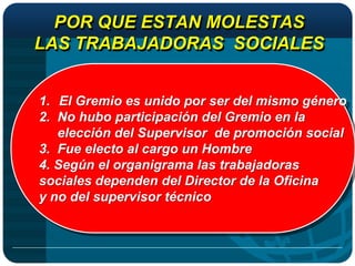 POR QUE ESTAN MOLESTAS
LAS TRABAJADORAS SOCIALES


1. El Gremio es unido por ser del mismo género
2. No hubo participación del Gremio en la
   elección del Supervisor de promoción social
3. Fue electo al cargo un Hombre
4. Según el organigrama las trabajadoras
sociales dependen del Director de la Oficina
y no del supervisor técnico
 