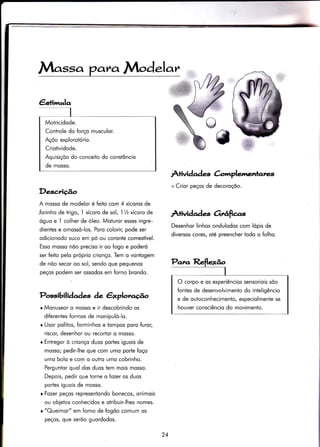 Massa ?ara M.,d.lar
Desc.rição
A mosso de modelor é Íeito com 4 xícoros de
,forinho de trigo, I xícoro de sol, l1/z xícoro de
óguo e I colher de óleo. Misturor esses ingre-
dientes e omossó-los. Poro colorir, pode ser
odicionodo suco em pó ou coronte comestível.
Esso mosso nõo preciso ir oo fogo e poderó
ser feito pelo próprio crionço. Tem o vontogem
de nõo secor oo sol, sendo que pequenos
peços podem ser ossodos em forno brondo.
Possibilidades àe êxplot,r.úo
o Monuseor o mosso e ir descobrindo os
diferentes formos de monipuló-lo.
r Usor politos, forminhos e tompos poro furor,
riscor, desenhor ou recortor o mosso.
r Entregor ò crionço duos portes iguois de
mosso; pedir-lhe que com umo porte foço
umo bolo e com o ouiro umo cobrinho.
Perguntor quol dos duos tem mois mosso.
Depois, pedir que torne o fozer os duos
porles iguois de mosso.
tFozer peços representondo bonecos, onimois
ou obietos conhecidos e otribuir-lhes nomes.
r "Queimor" em forno de fogõo comum os
peços, que serõo guordodos.
#
ÀtUidad es à'nlrplernerrtares
+ Crior peços de decoroçõo.
Àtvidades Ouúfirc
Desenhor linhos ondulodos com lópis de
diversos cores, oté preencher iodo o folho.
Motricidode.
Controle do {orço musculor.
Açõo exploroÍório.
Criotividode.
Aquisiçõo ilo conceito do constôncio
de mosso.
O corpo e os experiêncios sensoriois sõo
fonies de desenvolvimento do inteligêncio
e de outoconhecimento, especiolmente se
houver consciêncio do movimenÌo.
24
 
