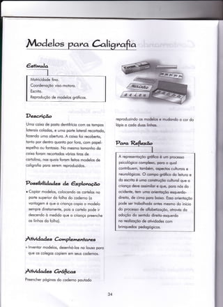 Mod.los
Desc,rição
Umo coixo de posto dentifrício com os tompos
loterois colodos, e umo porte loterol recortodo,
fozendo umo oberturo. A coixo foi recoberto,
tonto por dentro quonto por foro, com popel-
espelho ou fontosio. No mesmo tomonho do
coixo íorom recortodos vórios tiros de
codolino, nos quois forom feitos modelos de
coligrofio poro serem reproduzidos.
Possibili àades de êxplorqúo
r Copior modelos, colocondo os corlelos no
porte superior do folho do coderno (o
vontogem é que o crionço copio o modelo
sempre diretomente, pois o cortelo pode ir
descendo ò medìdo que o crionço preenche
os linhos do {olho).
A+ividad e àmplementares
+ lnventor modelos, desenhó-los no louso poro
que os colegos copiem em seus codernos.
À+ividades CrÉf,as
reproduzindo os modelos e rnud,ondo o cor do
lópis o codo duos hnriros.
a,ra, àli
Motricidode fino.
Coordenoçôo viso-motoro.
Escrito.
Reproduçõo de modelos gróficos.
A representoçoo grúfrco é urn processo
psicológico complexo, poro o quol
contribuem, tombém, ospectos culturois e
neurológicos. O conrpo gúfrico do leituro e
do escrito é umo conshuçôo culfurol que o
crionço deve ossimilor e que, poro nós do
ocidente, tem umo orientoçóo esquerdo-
direíto, de cimo poro boixo. Esso orienioçõo
pode ser kobolhodo ontes mesmo do início
do processo de olfobetizoçõo, otrovés do
odoçõo do seniido direito-esquerdo
no reolizoçõo de otividodes com
brinquedos pedogógicos.
Preencher póginos do coderno poutodo
34
 