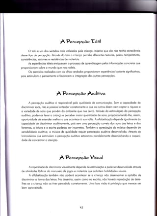 AP.rcepÇão ïatl
O toto é um dos sentidos mois utilizodos pelo crionço, mesmo que elo nõo tenho consciêncio
desse tipo de percepçõo. Atrovés do toto o crionço percebe diferenies texturos, pesos/ temperoturos,
consistêncios, volumes e resistêncios de moteriois.
As experiêncios tóteis enriquecem o processo de oprendizogem pelos in{ormoções concretos que
proporcionom sobre o mundo que nos rodeio.
Os exercícios reolizodos com os olhos vendodos proporcionom experiêncios bostonÌe significotivos,
pois estimulom o pensomento e fovorecem o integroçõo dos outros percepçóes.
APa,cepÇão À*ditivo
A percepçóo ouditivo é responsóvel pelo quolidode de comunicoçõo. Sem o copocidode de
discriminor sons, nõo é possível entender corretomente o que os outros dizem nem copior o riquezo e
o voriedode de sons que provêm do ombiente que nos cerco. Atrovés do esiimuloçoo do percepçõo
ouditivo, podemos levor o crionço o perceber moior quontidode de sons, proporcionondo-lhe, ossim,
oportunidode de entender melhor o que ocontece ò suo volto. A olfobetizoçõo depende iguolmente do
copocidode de discriminor ouditivomente, pois sem umo percepçõo correto dos sons dos letros e dos
fonemos, o leituro e o escrito poderõo ser incorretos. Tombém o oprecioçõo do músico depende de
sensibilidode ouditivo; o músico de quolidode requer percepçõo ouditivo desenvolvido. Atrovés de
brincodeiros que estimulom o percepçÕo ouditivo estoremos porolelomente desenvolvendo o copoci-
dode de concentror o otençõo.
AP.*.epÇão Vis,nal
A copocidode de discriminor visuolmente depende de estimuloçõo e pode ser desenvolvido otrovós
de otividodes lúdicos do monuseio de iogos e moteriois que solicitem hobilidodes visuois.
A olfobetizoçõo tombém nõo poderó ocontecer se o crionço nõo desenvolver o optidõo de
discriminor o formo dos letros. No desenho, ossim como no escrito, nõo hoveró reproduçõo de deto-
lhes se o crionço nõo os tiver percebido corretomente. Umo boo visõo é privilégio que merece ser
bem oproveitodo.
45
 