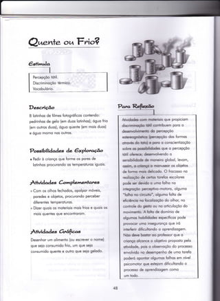 Q^.nre ot^FÂo?
Descrição
8 lotinhos de filmes foiogróficos contendo:
pedrinhos de gelo (em duos lotinhos), óguo frio
(em outros duos), óguo quente (em mois duos)
e óguo morno nos outros.
Possibil idade^ç de êxploraúo
r Pedir ò crionço que {orme os pores de
loiinhos procurondo os temperoturos iguois.
À+ividad es C-omplementares.
+ Com os olhos fechodos, opolpor móveis,
poredes e objetos, procurondo perceber
diferentes temperotu ros.
+ Dizer quois os moteriois mois frios e quois os
mois quenfes que enconirorom.
Àrividadas Orrâfìas
Desenhor um olimento (ou escrever o nome)
que seio consumido frio, um que seio
consumido quenie e outro que seio gelodo.
ryAliv*lodes qn m*rbis que propiciom
dlscriminq@|fl @ÍtHbuem poro o
decnnohlirrels do pacepçõo
estereognód@ lperepçõo dos formos
otÍutÉs do hlot e poru o conscientizoçõo
sobre c eocúÍdodes que o percepçõo
tdil ofieÍre; clecrndvendo o
semitfüdode de nnneiro globol, Ievom,
osriim, o oittgo o nxtnuseor os ob;etos
de forÍÍn ÍÍrob ddi@do- O frocosso no
reolinçro de crlm iorefos escolores
pode s d€irido o umo folho no
integrcçõo peÍEplüvo-motoro, olgu mo
'folho no ciranib', olgumo foho de
eficiêndo rn Íoolizoçõo do olhor, no
conkole do ge* ou no orticuloçõo do
movimenb- Afoltu de domínio de
olgurnos hobilidodes epecíficos pode
pÍoroaor unro inseguronço que iró
interbdr diFcultondo o oprendizogem.
Nõo deìÍe bodor oo professor que o
crionço olconce o obietivo proposto pelo
ofividode, pois o observoçõo do processo
envolvido no desempenho de umo torefo
poderó opontor olgumos Íolhos em nível
psicomotor que esteiom dificultondo o
processo de oprendizogem como
um todo.
48
 