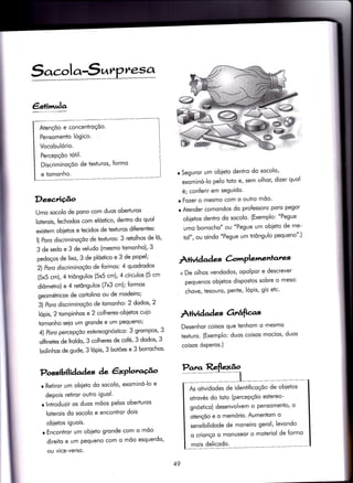 5,ac.,la-5,^r'P,n.sa
€stimula
AÌençõo e concentroçoo'
Pensomento lógico.
Vocobulório.
Percepçõo iótil.
Discriminoçõo de Ìexturos, {ormo
e tomonho.
Desctiçâo
Umo socolo de pono com duos oberturos
loterois, fechodos com elósiico, dentro do quol
exisÌem obietos e tecidos de iexturos diierentes:
l) Poro discríminoçõo de fexfuros: 3 retolhos de lõ'
3 de sedo e 3 de veludo (mesmo tomonho), 3
pedoços de lixo, 3 de plóstico e 3 de popel;
2) Poro discrimínoçõo de formos: 4 quodrodos
(5x5 cm), 4 triôngulos (5x5 cm),4 círculos (5 cm
diômetro) e 4 retôngulos (7x3 cm); {ormos
geométricos de cortolino ou de modeiro;
3) Poro discríminoçõo de fomonho: 2 dodos,2
lópis, 2 tompinhos e 2 colheres-obietos cuio
Ìomonho seio um gronde e um Pequeno;
4) Poro percepçõo esÍereognósfico: 3 grompos' 3
ol{inetes de froldo, 3 colheres de co{é, 3 dodos' 3
bolinhos de gude, 3 lópis, 3 botóes e 3 bonochos'
Possibilidades àe êrPlora@o
r Retiror um obleto do socolo, exominó-lo e
depois retiror outro iguol'
r lntroduzir os duos mõos pelos oberÌuros
loterois do socolo e encontror dois
obietos iguois.
r EnconÌror um obieto gronde com o mõo
direito e um pequeno com o mõo esquerdo'
ou vice-verso'
r Seguror um obieto dentro do socolo,
exominó-lo pelo toto e, sem olhor, dizer quol
é; con{erir em seguido'
r Fozer o mesmo com o outro mõo'
o Atender comondos do proÍessoro poro pegor
obletos dentro do socolo' (Exemplo: "Pegue
umo borrocho" ou "Pegue um obieto de me-
tol", ou oindo "Pegue um triôngulo pequeno"')
Â+ividad es ümPlenr.entates
+ De olhos vendodos, opolpor e descrever
pequenos obietos dispostos sobre o meso:
chove, tesouro, Pente, lóPis, giz etc'
Àrividad es 6trâ$cas
Desenhor coisos que tenhom o mesmo
texturo. (Exemplo: duos coisos mocios, duos
coisos ósperos.)
As otividodes de identificoçóo de obletos
otrovés do toio (percepçõo esÌereo-
gnóstico) desenvolvem o pensomento, o
otençõo e o memório. Aumenlom o
sensibilidode de moneiro gerol, levondo
o crionço o monuseor o moÌeriol de formo
49
 