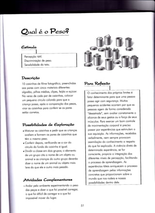 Percepçõo tótil.
Discriminoçõo de peso.
Sensibilidode do toto.
Q^ol a oPeso?.
Descnção
l0 coixinhos de filme {otogrófico, preenchidos
oos pores com cinco moteriois diferentes:
olgodõo, pilhos médios, clipes, feilõo e oçÚcor.
No verso de codo por de coixinhos, colocor
um pequeno círculo colorido poro que o
crionço posso/ opós o comporoçõo dos pesos,
viror os coixinhos poro con{erir se os pores
esÌõo corretos.
Possibilidades de êxploraúo
r Misturor os coixinhos e pedir que os crionços
ovoliem e {ormem os pores de coixinhos que
têm o mesmo peso.
o Conferir depois, verificondo se o cor do
círculo do fundo do coixinho é iguol.
r Divìdir o closse em dois grupos; o elemento
de um grupo cito o nome de um obleto ou
onimol e os crionços do outro grupo deverõo
dizer o nome de um onimol ou obieto mois
leve do que ele e outro mois Pesodo.
Àtividad es Crlrrrplemenlates
+ Andor pelo ombiente experimentondo o peso
dos peços e dizer o que foi possível corregor,
o que foi di{ícil de corregor e o que foi
impossível mover do lugor.
Para Reflexão
I
O conhecimento dos próprios limites é
foÌor deÌerminonte poro que umo pessoo
posso ogir com seguronço' Muitos
pequenos ocidentes ocorrem por que os
pessoos ogem de formo considerodo
"desostrodo", sem ovolior corretomente o
olconce de seus gestos ou o forço de seus
músculos. Poro exercer um bom conÌrole
de movimentoçõo corporol é preciso
possor por experiêncios que estimulem o
suo oquisiçõo. As informoções, recebidos
verbolmente/ nem sempre Provocom
ossimiloçõo do conhecimento o respeito
do que foi explicodo. A vivêncio dìreÌo de
delerminodo experiêncio, se {or
consciente, propicio o integroçõo dos
diferentes níveis de percepçõo, focilitondo
o processo de oprendizogem. As
experiêncios ióteis enriquecem o processo
de oprendizogem pelos informoções
concretos que proporcìonom sobre o
mundo que nos rodeio e nossos
possibilidodes dentro dele.
5l
 