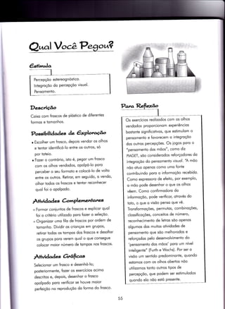 Q^alV.,cèPe?ou?
Descri$o
Coixo com {roscos de plóstico de diferentes
formos e tomonhos.
Possibilidades àe êxPlotacÉ^o
r Escolher um Írosco, depois vendor os olhos
e tentor identificó-lo entre os outros, só
por toteio.
o Fozer o contrório, isto é, pegor um Írosco
com os olhos vendodos, opolpó-lo poro
perceber o seu formoto e colocó-lo de volÌo
entre os outros. Retiror, em seguido, o vendo,
olhor todos os {roscos e tentor reconhecer
quol foi o opolPodo.
Àtividad ç CrlmPlemenlanes
+ Formor coniunÌos de Íroscos e explicor quol
Íoi o critério utilizodo poro fozer o seleçõo'
+ Orgonizor umo filo de froscos por ordem de
tomonho. Dividir os crionços em grupos,
retiror lodos os tompos dos iroscos e desofior
os grupos poro verem quol o que consegue
colocor moior nÚmero de Ìompos nos froscos'
Àtividades 6rÉf,as
Selecionor um frosco e desenhó-lo;
posteriormente, fozer os exercícios ocimo
descritos e, depois, desenhor o frosco
opolpodo poro verificor se houve moior
perfeiçõo no reproduçõo do {ormo do frosco'
Para
Percepçõo esiereognóstico.
lntegroçõo do PercePçõo visuol'
Pensomento.
Os exercícios reolizodos com os olhos
vendodos proporcionom experiêncios
bostonte significoÌivos, que estimulom o
pensomento e fovorecem o integroçõo
dos ouÌros percepções' Os iogos poro o
"pensomento dos mõos", como diz
PIAGET, sõo considerodos reforçodores do
integroçõo do pensomento visuol' A mõo
nõo otuo openos como umo fonte
contribuindo poro o informoçõo recebido'
Como expressoro de e{eito, por exemplo,
o mõo pode desenhor o que os olhos
vêem. Como confirmodoro do
informoçõo, pode verificor, otrovés do
tolo, o que o visõo Penso que vê.
Tronsformoções, permutos, combinoções,
clossificoções, conceitos de nÚmero,
reconhecimenÌo de letros sõo openos
olgumos dos muitos otividodes de
pensomento que sõo melhorodos e
re{orçodos pelo desenvolvimento do
'pensomento dos mõos' Poro um nível
inteligente" (Furth e Wochs). Por ser o
visõo um sentido predominonte, quondo
estomos com os olhos qberÌos nõo
utilizomos Ìonto ouÌros tiPos de
percepçõo, que podem ser esÌimulodos
quondo elo nõo estó Presenie'
55
 