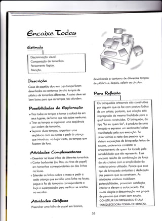 ãcaixeTodas
€s+irtlula
Desc,Âçâo
Coixo de popelõo duro em cuio Ìompo forom
desenhodos os contornos de oito tompos de
plóstico de tomonhos diferentes' A coixo deve ser
bem boixo poro que os tompos nõo o{undem'
Possibilidades àe êxPlotv.éo
r Tiror todos os tompos e tornor o colocó-los em
seus lugores, de formo que nõo sobre nenhumo'
r Tiror os tompos e orgonizor umo seqÜêncio
por ordem de tomonho.
r Seporor duos tompos, orgonizor umo
seqüêncio com os outros e pedir ò crionço
que introduzo, no lugor certo, os tompos que
ficorem de {oro.
Â+ivid ad es àmPletnenlozs
+ Desenhor no louso linhos de diferentes tomonhos'
+ Cortor borbontes (ou fitos, ou tiros de popel)
em tomonhos correspondenies oo dos linhos
no louso.
+ Estender os linhos sobre o meso e pedir o
codo crionço que escolho umo linho no louso'
pegue o fio do tomonho correspondente e
foço o superposiçõo poro verificor se ocertou
no escolho.
À+ividad es Orúfias
desenhondo o conÌorno de diferentes iompos
de plóstico e, depois, colorir os círculos'
Pana Reflexão
I
58
Discriminoçõo visuol.
Comporoçõo de Ìomonhos'
Pensomento lógico.
AÌençõo.
Os brinquedos ortesonois sõo construídos
por olguém que os {oz com posturo lÚdico
de um ortisto; podonto, suo crioçõo estó
impregnodo do mesmo finolidode poro o
quol forom construídos. O brinquedo, do
tipo "iui eu quem Íez" , ê produto de umo
emoçõo e expresso um sentimento lÚdico
monifestodo Pelo suo execuçõo' Se
observormos o rosÌo dos pessoos que
visitom exposições de brinquedos feitos de
sucoto, poderemos constotor o
encontomento de quem {oi tocodo pelo
sensibilidode que ele represento' Esse
enconto resulto do combinoçõo do forço
do oto criotivo com o simplicidode do
motério-primo utilizodo. Porece que esse
Ìipo de brinquedo simbolizo o dedicoçõo
dos pessoos que os constroem' As
otividodes criotivos mobilizom
potenciolidodes, provocom sotisfoçõo
interior e elevom o ouÌoconceito' Hó
muito olegrio e desconÌroçõo nos grupos
de pessoos que criom com sucoïo'
CONSTRUIR UM BRINQUEDO É UMA
ENRIQUECEDORA FORMA DE BRINCAR.
Preencher umo folho de popel em bronco'
 