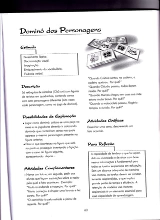 Pensomento lógico.
Discriminoçõo visuol.
lmoginoçõo.
Enriquecimento do vocobulório'
Fluêncio verbol.
€stimulq
Desc,ri$o
5ó reiôngulos de cortolino (12x5 cm) com figuros
de revistos em quodrinhos, contendo cenos
com sete personogens di{erentes (oito vezes
codo personogem, como no iogo de dominó)'
Possibilidades àe êxPloraúo
r Jogor como dominó: coloco-se umo peço no
meso e os iogodores deverõo ir colocondo
dominós que conÌenhom cenos nos quois
oporece o mesmo personogem presente no
{iguro onterior.
r Dizer o que oconteceu no figuro que estó
no ponto e prosseguir inventondo o ligoçõo
com o ceno do figuro seguinte,
ocrescentondo: dePois"'
À+ividad es Cr,mPlementates
+ Norror um foto e, em seguido, pedir oos
olunos que {oçom suposiçóes sobre o rozõo
pelo quol o {oto oconteceu' (Exemplo:
"Poulo io ondondo e tropeçou' Por quê?"
"Morio começou o chupor umo loronio e Íez
coreto. Por quê?"
"O cominhõo io pelo estrodo e porou de
repente. Por quê?"
"Quondo Cristino sentou no codeiro' o
codeiro quebrou. Por quê?"
"Quondo Clóudio possou, todos derom
risodo. Por quê?"
"Quondo Morcos chegou em coso suo
estovo muito brovo. Por quê?"
"Quondo o motocicleto possou, Rogério
tompou o ouvido. Por quê?"
À+ividad es 6rrêrf'ìcr.s
Desenhor umo ceno/ descrevendo um
foto ocorrido.
moe
A copocidode de lembror o que foi opren-
dido ou vivenciodo e de oÌuor com bose
nessos in{ormoções é {undomentol poro
todos os torefos seqÜenciois em educoçõo'
Sem um olconce odequodo de memório
viso-motoro, os torefos devem ser consion-
Ìemente reoprendidos, o que implico
gronde perdo de Ìempo e eficiêncio' A
retençõo de modelos viso-motores
seqüenciois é um elemento essenciol poro
esso copocidode de oPrendizogem'
ó3
 