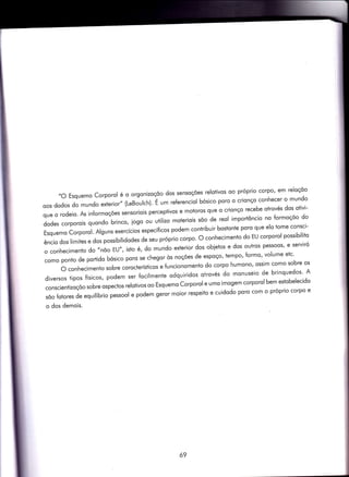 ,,O Esquemo Corporol é o orgonizoçõo dos sensoções relotivos oo próprio corpo, em reloçõo
oos dodos do mundo exterior,, (LeBourch). É um referenciol bósico poro o crionço conhecer o mundo
que o rodeio. As ìnformoções sensoriois perceptivos e motoros que o crionço recebe otrovés dos otìvi-
dodes corporois quondo brinco, iogo ou utilizo moteriois sõo de reol importôncio no formoçõo do
Esquemo corporol. Alguns exercícios específicos podem contribuir bostonte poro que elo tome consci-
êncio dos limites e dos possibilidodes de seu próprio corpo' o conhecimento do EU corporol possibilito
o conhecimento do "nõo EU", isto é, do mundo exterìor dos obietos e dos outros pessoos/ e serviró
como ponto de portido bósico poro se chegor òs noçóes de espoço' tempo' formo' volume etc'
O conhecimento sobre corocterísticos e funcionomento do corpo humono' ossim como sobre os
diversos tipos físicos, podem ser focilmente odquiridos otrovés do monuseio de brinquedos' A
conscientizoçõo sobre ospectos relotivos oo Esquemo corporol e umo imogem corporol bem estobelecido
sõo fotores de equilíbrio pessool e podem geror moior respeito e cuidodo poro com o próprio corpo e
o dos demois.
69
 