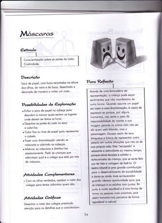 Márc,c.ro.s
Desc,rição
Soco de popel, com furos recortodos no olturo
dos olhos, do noriz e do boco, desenhodo e
decorodo de moneiro o imitor um roslo'
Possibilidades àe êxPloraúo
r En{ior o soco de popel no cobeço poro
descobrir e morcor quois seriom os lugores
onde devem ser feitos os {uros'
r Desenhor os portes do rosto no soco
e colori-los.
o Color fios ou tiros de popel poro representor
o cobelo.
r Fozer umo dromotizoçõo usondo os
móscoros e cobrindo os cobeços'
r Misturor os móscoros e distribuí-los
oleotoriomeinte. Pedir òs crionços que
odivinhem quol é o colego que estó por trós
do móscoro.
À+ividad es àmPlementan=s
+ Com os olhos vendodos, opolpor o rosto dos
colegos poro tentor odivinhor quem sõo'
À+ividad as @rrâftcrs
Desenhor o rosto dos colegos presiondo
oiençõo poro os detolhes que o corocïerizom'
ryAtrovés de unn hincodeiro de
represenluçÉo, o crblrço pode expor
senlimenios çe nõo monifestorio de
outro frormo- Ghrordo ossume um popel
em mdo o lrÍt! Úunolinçõo, é coPoz de
expressor-te pd$rc, Por olguns
momenloo' ÍÉo senb o Peso do
resporsobifrdode de nronier o suo
imogenr PeÍúfe c outros visto nõo ser
elo quern esÉ Hsrdo, mos o
peÍsoÍEgeÍn- Esryo ossim de seus
bloquebe e bim de representor outro
pessoo ern outm gtrnçoes que nõo os de
ruo própb üdo- Esb 'escoPodo" é
relounc e eCLnrdsrle oo mesmo tempo,
porçeÚrio lensões e sotisfoz o
oulocontr do crinnço, que se sente {eliz
porÍertrdoo ctÍtrgern de fozê-lo. O
bdm -ffi é rrrP gronde contribuiçõo
poÍu o desnoHmenlo do sociobilidode
e brn--s údo nrob enriquecedor
quordo oftí€c oPodunidode Poro que
os oicqc e c odultos riom iuntos' Rir
iunb é rÍrflosdórlel e é umo formo de
torrurc Peffi nroirs Próximos, Pois
ossim bnurP+rc Porceiros de formo
ogÍodúd e rúrml-
1-
74
 