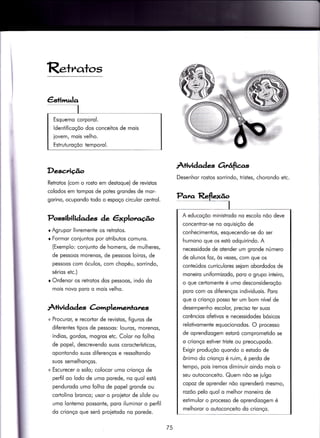 Esquemo corporol.
ldentificoçõo dos conceitos de mois
iovem, mois velho.
Estruiuroçõo temporol.
Retratos
Descrição
Retrotos (com o rosto em destoque) de revistos
colodos em tompos de potes grondes de mor-
gorino, ocupondo todo o espoço circulor centrol.
Possibilidades de êxploraúo
r Agrupor livremente os retrotos.
o Formor coniuntos por otribuios comuns.
(Exemplo: coniunto de homens, de mulheres,
de pessoos morenos/ de pessoos loiros, de
pessoos com óculos, com chopéu, sorrindo,
sérios etc.)
r Ordenor os retrotos dos pessoos, indo do
mois novo poro o mois velho.
Àtividad es àmplemenlanzs
+ Procuror, e recortor de revistos, figuros de
diferentes tipos de pessoos: louros, morenos/
índios, gordos, mogros eic. Color no folho
de popel, descrevendo suos corocterísticos,
opontondo suos diferenços e ressoltondo
suos semelhonços.
+ Escurecer o solo; colocor umo crionço de
perfil oo lodo de umo porede, no quol estó
pendurodo umo folho de popel gronde ou
corlolino bronco; usor o proietor de s/ide ou
umo lonÌerno possonÌe, poro iluminor o perfil
do crionço que seró proietodo no porede.
Atlvidades 6rrâfic,o.s
Desenhor rostos sorrindo, tristes, chorondo etc.
Pana Reflexão
I
A educoçõo ministrodo no escolo nõo deve
concentror-se no oquisiçõo de
conhecimentos, esquecendo-se do ser
humono que os estó odquirindo. A
necessidode de otender um gronde número
de olunos foz, òs vezes, com que os
conteúdos curriculores seiom obordodos de
moneiro unìformizodo/ poro o grupo inteiro,
o que certomente é umo desconsideroçõo
poro com os diferenços individuois. Poro
que o crionço posso ter um bom nível de
desempenho escoloç preciso ter suos
corêncios ofetivos e necessidodes bósicos
relotivomenie equocionodos. O processo
de oprendizogem estoró comprometido se
o crionço estiver triste ou preocupodo.
Exigir produçõo quondo o estodo de
ônimo do crionço é ruim, é perdo de
tempo, pois iremos diminuir oindo mois o
seu outoconceito. Quem nõo se iulgo
copoz de oprender nõo oprenderó mesmo,
rozõo pelo quol o melhor moneiro de
esiimulor o processo de oprendizogem é
melhoror o outoconceiÌo do crionço.
75
 