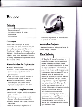 €s+imala
Esquemo corporol.
Noções dos posições do corpo.
Criotividode.
Dromotizoçõo.
B,.,neco
Desc,rição
Boneco feito com roupos de crionço
preenchidos com jornol omossodo; nos pés
forom utilizodos meios; nos mõos luvos.
Poro formor o cobeço {oi utilizodo um pono
dobrodo e cortodo em formo orredondodo; o
cobelo e {ronio forom feitos de lõ costurodo
no cobeço. As portes do corpo {orom cosÌuro-
dos umos nos outros.
Possibilidades àe êxplorcúo
r Despir e vestir o boneco.
r Colocor o boneco em diferentes posições,
comporondo suo posturo com o de
outros pessoos.
r Fozer movimentos corporois poro que o
crionço os imite, usondo o boneco.
r Brincor de foz-de-conto por meio de
dromotizoçóes/ nos quois o crionço
represente situoções de suo vido diório.
Àtividad es C-omplemenrares
+ Fozer roupos/ chopéus, socolos ou biiuierios
poro o boneco.
+ Construir corrinhos ou comos poro o
boneco, utilizondo coixos de popelõo.
+ lnventor presentes que o boneco gostorio
de gonhor.
+ PedÌr òs crionços que digom quois os
conselhos que gosioriom de dor oo boneco,
se fosse um ser humono.
Àtividade Grtâfias
Desenhor o boneco em posiçõo: de frente, de
costos, deiiodo e sentodo.
Pam Reflexão
l
Os desenhos de figuros humonos que o
crionço foz fornecem informoçóes sobre o
imogem corporol que possuem. Obser-
vondo-os, podemos verificor quois os portes
do corpo que oindo nóo conscieniizou e
proporcionor-lhe oporlunidodes poro que os
integre oo seu esquemo corporol. O uso de
diferentes peços de vestuório e suo
ossocioçõo òs portes do corpo em que sõo
utilizodos contribuem poro que o crionço
complemente seu esquemo corporol. Por
esso rozóo, é importonte deixor que elo
escolho suo roupo e procure vestir-se
sozinho. A folto de umo boo estruturoçõo do
esquemo corporol pode provocor
dificuldodes no monejo de dodos
perceptivos e o configuroçõo de umo
estruturoçõo tempo-espociol deficiente, com
deslocomentos imprecisos, folto de
coordenoçõo e oté mesmo dificultor o
reloçõo com o ombiente e com os pessoos
que esÌõo ò suo volto.
 