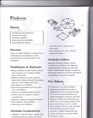 Coordenoçõo viso-motoro fino.
Movimento de pinço.
Orientoçõo espociol.
Monipuloçõo de quontidodes.
Conceniroçõo do otençõo.
Descrição
Coixo com politos de fósforo. As loterois forom
inuiilizodos pelo colocoçõo de um durex
(poro evitor que os crionços possom riscor
os fósforos).
Possibil iàaàes àe êxplotz.cão
r Retiror os fósforos do coixo e pedir ò crionço
que os guorde, com os cobeços voltodos
poro o mesmo lodo.
r En{ileiror os fósÍoros no meso, seguindo
determinodos critérios. (Exemplo: Ìrês voltodos
poro cimo e três voliodos poro boixo.)
r Fozer figuros com os fósforos.
r Fozer formos geoméiricos com três, quotro,
cinco e seis fósforos.
r Construir um quodrodo dentro do outro.
r lnventor linhos com desenhos voriodos
e reproduzi-los.
r Sobrepor os {ósforos em desenhos diversos-
r Fozer seqüêncio de quontidodes.
r Fozer contos com os fósforos.
À+ividad es àmplementatvs.
+ Utilizondo o "Coixo de Toteio", guordor todos
os fósforos dentro do coixinho, sem vê-los,
.a=
ETD
colocondo todos os cobeços poro o
mesmo lodo-
+Fvs o figuro de umo coso, uiilizondo
soÍneÍÍle c fósÍoros.
Afivtdades Grr'úrftcas
Reprodrzir, orroés de desenho, figuros
ftcnnodos corn 06 fósforos. Crior desenhos
imogirnndo flguros criodos com politos de
frósforo. Pocileriormente, sobrepor os politos òs
ftgunor poro verificor se o tomonho dos {ós{oros
oo tomonho imoginodo.
Os sercícios com poliios de fósforo
proporcionom, ontes de mois nodo, o
operfieiçoomento do movimento de pinço.
Umo coixo com politos de fósforo é um
mcferiol pedogógico riquíssimo, que pode
propicior otividodes de coordenoçõo viso-
motoro fino e de orientoçõo espociol. Poro
que o otividode seio mois rico, convém
usor os fósforos inteiros, ou seio, sem terem
sido queimodos, poro que se posso
oproveitor o detolhe representodo pelo
cobeço do fósforo e suo posiçõo denÌro
dos figuros criodos.
 