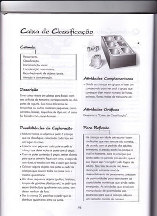 àixa d. Class caça,o
PensomenÌo.
Clossi{icoçõo.
Discriminoçõo visuol.
Coordenoçõo viso-motoro.
Reconhecimento de obietos iguois.
Atençõo e concentroçõo.
Descrição
Umo coixo virodo de cobeço poro boixo, com
seis orifícios do Ìomonho correspondente oo dos
potes de iogurte. Seis tipos diferentes de
tompinhos ou outros moteriois pequenos/ como
corretéìs, botões, toquinhos de lópis etc. A coixo
foi forrodo com popel-fontosio.
Possibilidqdes àe êxplotv.úo
r Misturor iodos os obietos e pedir ò crionço
que os clossifique, colocondo codo tipo em
um lugor no coixo.
o Colocor umo peço em codo pote e pedir ò
crionço que deixe todos os potes com ó peços.
r Com os potes contendo ó peços, retiror obietos
poro que o primeiro fique com umo, o segundo
com duos, o terceiro com três, e ossim por dionte.
r Colocor olguns obietos nos potes e pedir òs
crionços que deixem iodos os potes com o
mesmo quontidode.
r Dor doze pequenos obletos (politos, fósforos,
tompos de gorrofos plósticos etc.) e pedir que
seiom distribuídos iguolmente nos potes, sem
deixor nenhum de Íoro.
r Dor ò crionço 30 pecinhos e pedir que os
disiribuo iguolmenÌe entre os potes.
Àtividqd e crlrlrplerrrerrtanes
+ Dividir os crionços em grupos e fozer um
compeonoto poÍo ver quol o grupo que
consegue dizer maior número de frutos,
onimois, flores, meios de fonsporte etc.
Ativüades Grútrrcrrs
Desenhor o 'Coixn de Clossificoçõo"
fu ciorços enr idode prié-escolor fozem
ovolioçOes que nem sempre sõo corretos,
de o@ído Grn os podrões dos odultos;
erúreilonb, é pÍeciso oceitó-los porque é
inútil e frr.rSronte, poro os crionços que
oindo egõo rrc período pré-escolor, que o
suo lógir:o s{o 'corrigido" pelo lógico do
oduho. Pdo foo de oindo nõo terem
olconçodo sufrciente nível de
desenvolvimento de pensomento, precisom
de oportunidodes poro exercitorem os
copocidode numéricos que oindo estõo
emergindo. As otividodes que envolvem
monipuloçõo de quonlidodes sõo
essenciois poro que o crionço odquiro
um conceito correlo de número.
98
 