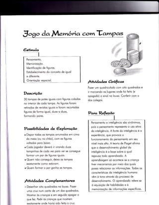 Pensomento.
Memorizoçõo.
ldenïificoçõo de figuros.
Estobelecimento do conceito de iguol
e diferente.
Orientoçõo espociol.
J ogo da, Memôria com T ampas
À+ividades orrâfias
DescricÉ^o
30 tompos de potes iguois com figuros colodos
no interior de codo iompo. As figuros forom
retirodos de revistos iguois e {orom recortodos
figuros de formo iguol, duos o duos,
formondo pores.
Possibil iàadaç àe êxploro.úo
r Dispor todos os tompos orrumodos em cimo
do meso (ou no chõo), com os figuros
voltodos poro boixo.
r Codo iogodor deveró ir virondo duos
tompinhos de codo vez poro ver se consegue
formor um por de {iguros iguois.
r Quem nõo conseguir, deixo os Ìompos
exotomenÌe como estovom.
r Quem formor o por gonho os tompos.
Àfivid ad es ànlrplerne:*ares,
+ Desenhor oito quodrodos no louso. Fozer
umo cruz num conto de um dos quodrodos.
MosÌror òs crionços e em seguido opogor o
que fez. Pedir òs crionços que mosïrem
exotomente onde hovio sido feiio o cruz.
Fozer um quodriculodo com oito quodrodos e
ir morcondo os lugores onde {oi feito (e
opogodo) o sinol no louso. Conferir com o
dos colegos.
Pa,^a Reflexão
I
Pensomento e inteligêncio sõo sinônimos,
pois o pensomento represento o uso otivo
do inteligêncio. A fonÌe do inteligêncio é o
experiêncio, que provoco o
funcionomento do pensomento em seu
nível mois olto. A teorio de Pioget ofirmo
que o desenvolvimenÌo globol do
inteligêncio é o bose sobre o quol
repouso iodo oprendizodo. A
oprendizogem só ocontece se o crionço
tiver meconismos por meio dos quois
posso relocionor os informoções. Todos os
corocterísÌicos do inteligêncio humono
vêm ò tono otrovés do processo de
desenvolvimento. O oprendizodo refere-se
ò oquisiçõo de hobilidodes e ò
memorizoçõo de in{ormoções específicos.
 