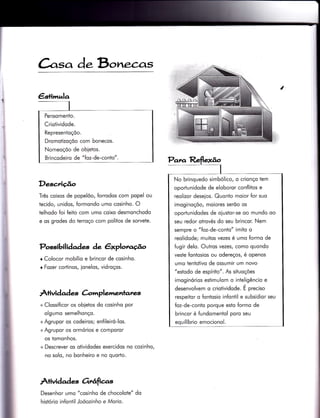 àsa d.Bor.&as
Descriúo
Três coixos de popelõo, Íorrodos com popel ou
tecido, unidos, formondo umo cosinho. O
telhodo foi feiÌo com umo coixo desmonchodo
e os grodes do terroço com politos de sorvete.
Pensomento.
Criotividode.
Representoçõo.
Dromotizoçõo com bonecos.
Nomeoçõo de obietos.
Brincodeiro de "foz-de-conto".
*
I
ï
t
I
Possibilidades àe êxplot'o.iao
o Colocor mobílio e brincor de cosinho.
r Fozer cortinos, ionelos, vidroços.
À+ividad es Crlmplemenlates
+ Clossificor os obietos do cosinho por
olgumo semelhonço.
+ Agrupor os codeiros; en{ileiró-los.
+Agrupor os ormórios e comporor
os iomonhos.
+ Descrever os otividodes exercidos no cozinho,
no solo, no bonheiro e no quorto.
Àrividades 6rtáf,as
Desenhor umo "cosinho de chocolote" do
histório infontil Joõozinho e Morio.
Para Reflexôo
I
No brinquedo simbólico, o crionço tem
oportunidode de eloboror conflitos e
reolizor deseios. Quonto moior for suo
imoginoçõo, moiores serõo os
oportunidodes de oiustor-se oo mundo oo
seu redor otrovés do seu brincor. Nem
sempre o "foz-de-conto" imiio o
reolidode; muitos vezes é umo formo de
{ugir delo. Outros vezes, como quondo
veste {ontosios ou odereços, é openos
umo tentotivo de ossumir um novo
"estodo de espírito". As situoções
imoginórios estimulom o inteligêncio e
desenvolvem o criotividode. É preciso
respeitor o fontosio in{ontil e subsidior seu
foz-de-conto porque esto formo de
brincor é fundomentol poro seu
equilíbrio emocionol.
 