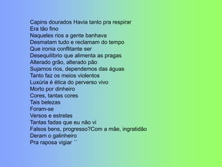 Capins dourados Havia tanto pra respirar
Era tão fino
Naqueles rios a gente banhava
Desmatam tudo e reclamam do tempo
Que ironia conflitante ser
Desequilíbrio que alimenta as pragas
Alterado grão, alterado pão
Sujamos rios, dependemos das águas
Tanto faz os meios violentos
Luxúria é ética do perverso vivo
Morto por dinheiro
Cores, tantas cores
Tais belezas
Foram-se
Versos e estrelas
Tantas fadas que eu não vi
Falsos bens, progresso?Com a mãe, ingratidão
Deram o galinheiro
Pra raposa vigiar ´´
 