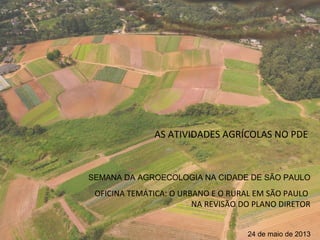 AS ATIVIDADES AGRÍCOLAS NO PDE
SEMANA DA AGROECOLOGIA NA CIDADE DE SÃO PAULO
OFICINA TEMÁTICA: O URBANO E O RURAL EM SÃO PAULO
NA REVISÃO DO PLANO DIRETOR
24 de maio de 2013
 