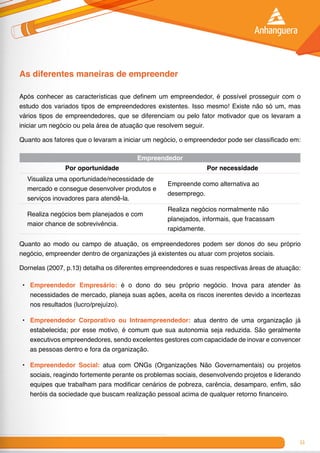 11
As diferentes maneiras de empreender
Após conhecer as características que definem um empreendedor, é possível prosseguir com o
estudo dos variados tipos de empreendedores existentes. Isso mesmo! Existe não só um, mas
vários tipos de empreendedores, que se diferenciam ou pelo fator motivador que os levaram a
iniciar um negócio ou pela área de atuação que resolvem seguir.
Quanto aos fatores que o levaram a iniciar um negócio, o empreendedor pode ser classificado em:
Empreendedor
Por oportunidade Por necessidade
Visualiza uma oportunidade/necessidade de
mercado e consegue desenvolver produtos e
serviços inovadores para atendê-la.
Empreende como alternativa ao
desemprego.
Realiza negócios bem planejados e com
maior chance de sobrevivência.
Realiza negócios normalmente não
planejados, informais, que fracassam
rapidamente.
Quanto ao modo ou campo de atuação, os empreendedores podem ser donos do seu próprio
negócio, empreender dentro de organizações já existentes ou atuar com projetos sociais.
Dornelas (2007, p.13) detalha os diferentes empreendedores e suas respectivas áreas de atuação:
•	 Empreendedor Empresário: é o dono do seu próprio negócio. Inova para atender às
necessidades de mercado, planeja suas ações, aceita os riscos inerentes devido a incertezas
nos resultados (lucro/prejuízo).
•	 Empreendedor Corporativo ou Intraempreendedor: atua dentro de uma organização já
estabelecida; por esse motivo, é comum que sua autonomia seja reduzida. São geralmente
executivos empreendedores, sendo excelentes gestores com capacidade de inovar e convencer
as pessoas dentro e fora da organização.
•	 Empreendedor Social: atua com ONGs (Organizações Não Governamentais) ou projetos
sociais, reagindo fortemente perante os problemas sociais, desenvolvendo projetos e liderando
equipes que trabalham para modificar cenários de pobreza, carência, desamparo, enfim, são
heróis da sociedade que buscam realização pessoal acima de qualquer retorno financeiro.
 