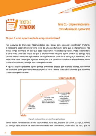 18
O que é uma oportunidade empreendedora?
Nas palavras de Dornelas: “Oportunidades são ideias com potencial econômico”. Portanto,
é necessário saber diferenciar uma ideia de uma oportunidade, para que o empreendedor não
invista tempo e dinheiro em algo que pode não gerar os resultados esperados. Pode-se considerar
a ideia como uma fase inicial na qual o empreendedor imagina algum produto ou serviço novo
(ou até mesmo melhorias e processos para aprimorar os produtos e serviços já existentes). Esta
ideia inicial deve passar por algumas avaliações, que permitirão concluir se ela realmente possui
potencial econômico, ou seja, se é uma oportunidade.
A figura a seguir apresenta alguns pontos primordiais citados por diversos autores, que devem
ser avaliados para que o empreendedor possa “filtrar” dentre suas ideias aquelas que realmente
possam ser oportunidades.
Ideia
Oportunidade
Figura 1. Avaliando ideias para identificar oportunidades.
Sendo assim, nem toda ideia é uma oportunidade. Para isso, ela deve ser viável, ou seja, o produto
ou serviço deve possuir um mercado consumidor em crescimento, e seu ciclo de vida, que vai
Tema 01 - Empreendedorismo:
contextualização e panorama
texto e
contexto
 