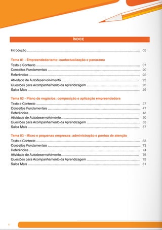 4
ÍNDICE
Introdução............................................................................................................................. 05
Tema 01 - Empreendedorismo: contextualização e panorama
Texto e Contexto .................................................................................................................. 07
Conceitos Fundamentais ...................................................................................................... 20
Referências .......................................................................................................................... 22
Atividade de Autodesenvolvimento...................................................................................... 23
Questões para Acompanhamento da Aprendizagem ........................................................... 26
Saiba Mais ........................................................................................................................... 29
Tema 02 - Plano de negócios: composição e aplicação empreendedora
Texto e Contexto .................................................................................................................. 37
Conceitos Fundamentais ...................................................................................................... 47
Referências .......................................................................................................................... 48
Atividade de Autodesenvolvimento...................................................................................... 50
Questões para Acompanhamento da Aprendizagem ........................................................... 53
Saiba Mais ........................................................................................................................... 57
Tema 03 - Micro e pequenas empresas: administração e pontos de atenção
Texto e Contexto .................................................................................................................. 63
Conceitos Fundamentais ...................................................................................................... 73
Referências .......................................................................................................................... 74
Atividade de Autodesenvolvimento...................................................................................... 76
Questões para Acompanhamento da Aprendizagem ........................................................... 78
Saiba Mais ........................................................................................................................... 81
 