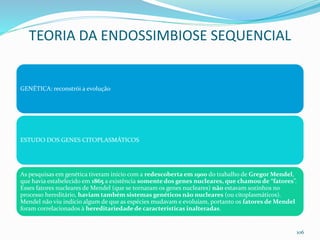 GENÉTICA: reconstrói a evolução
ESTUDO DOS GENES CITOPLASMÁTICOS
As pesquisas em genética tiveram início com a redescoberta em 1900 do trabalho de Gregor Mendel,
que havia estabelecido em 1865 a existência somente dos genes nucleares, que chamou de “fatores”.
Esses fatores nucleares de Mendel (que se tornaram os genes nucleares) não estavam sozinhos no
processo hereditário, haviam também sistemas genéticos não nucleares (ou citoplasmáticos).
Mendel não viu indício algum de que as espécies mudavam e evoluíam, portanto os fatores de Mendel
foram correlacionados à hereditariedade de características inalteradas.
106
TEORIA DA ENDOSSIMBIOSE SEQUENCIAL
 