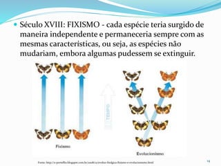  Século XVIII: FIXISMO - cada espécie teria surgido de
maneira independente e permaneceria sempre com as
mesmas características, ou seja, as espécies não
mudariam, embora algumas pudessem se extinguir.
14Fonte: http://e-porteflio.blogspot.com.br/2008/12/evoluo-biolgica-fixismo-e-evolucionismo.html
 